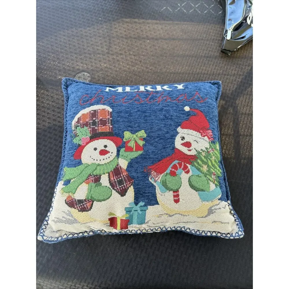 VTG Tapestry Snowman Throw Pillow Merry Christmas Plaid Red Blue Christmas Lot 2
